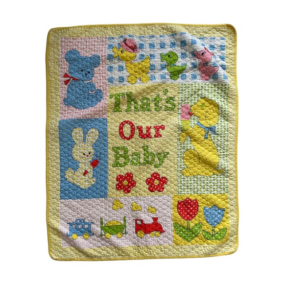 Thats Our Baby Princess Fabric Baby Blanket Quilt Yellow Bear Duck Train Flower - Picture 1 of 7